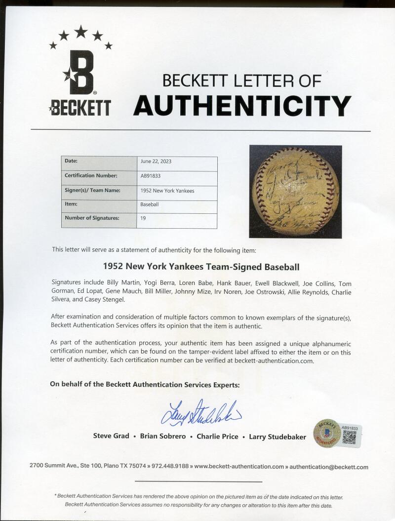 1952 New York Yankees Autograph Signed Team Baseball BAS LOA Authentic  Image 1