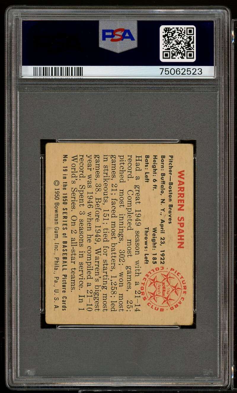 Warren Spahn Card 1950 Bowman #19 PSA 3 Image 2