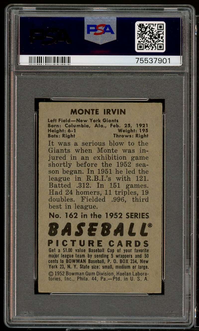 Monte Irvin Card 1952 Bowman #162 PSA 4 Image 2