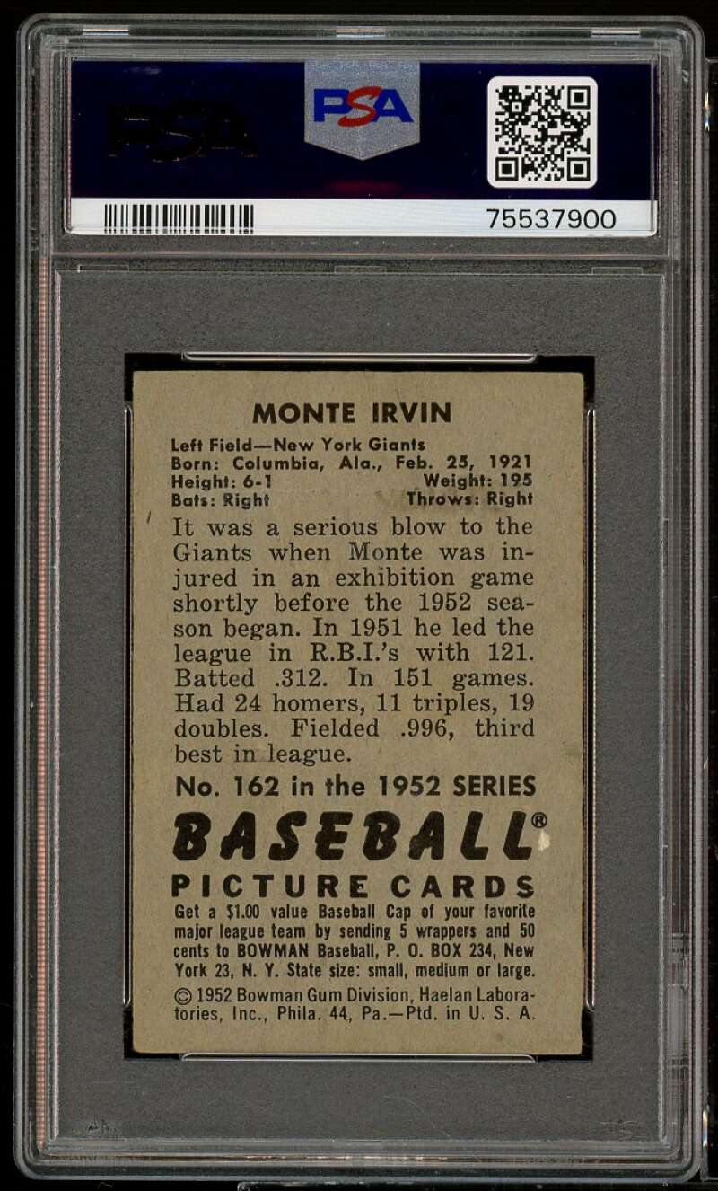 Monte Irvin Card 1952 Bowman #162 PSA 4.5 Image 2