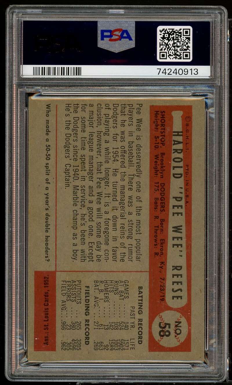 Pee Wee Reese Card 1954 Bowman #58 PSA 4.5 Image 2