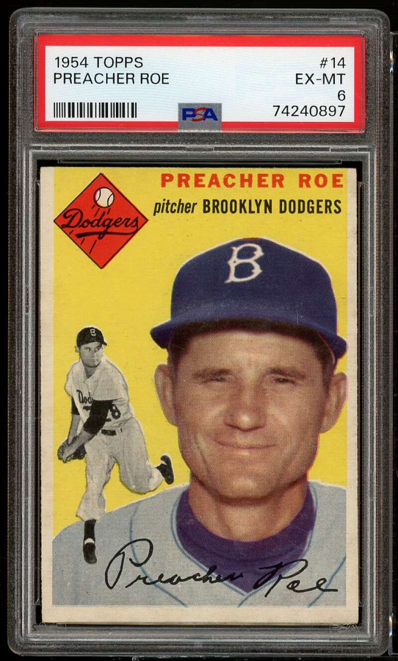 Preacher Roe Card 1954 Topps #14 PSA 6 Image 1