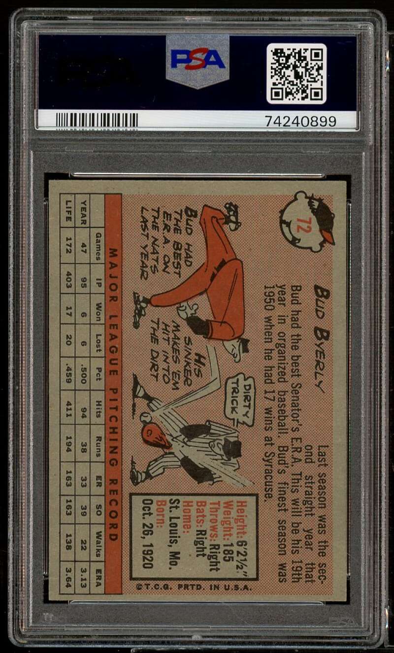 Bud Byerly Card 1958 Topps #72 PSA 8 Image 2