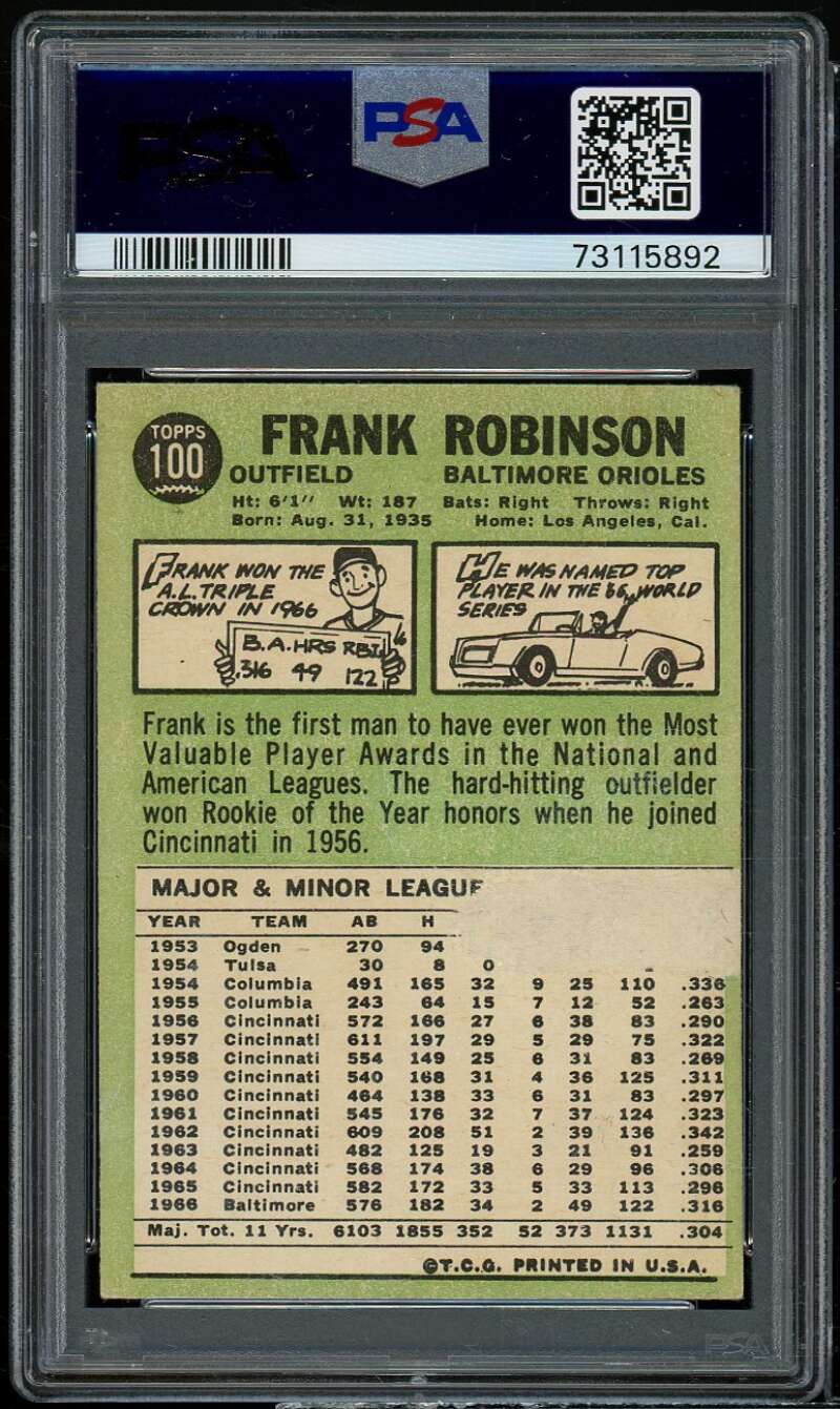 Frank Robinson Card 1967 Topps #100 PSA 2 Image 2