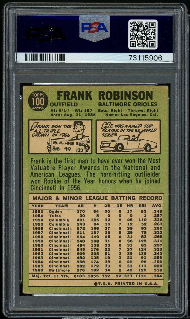 Frank Robinson Card 1967 Topps #100 PSA 2 Image 2