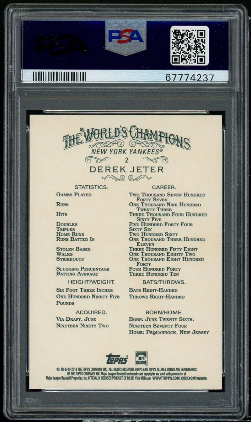 Derek Jeter Card 2018 Topps Allen Ginter #2 PSA 10 Image 2