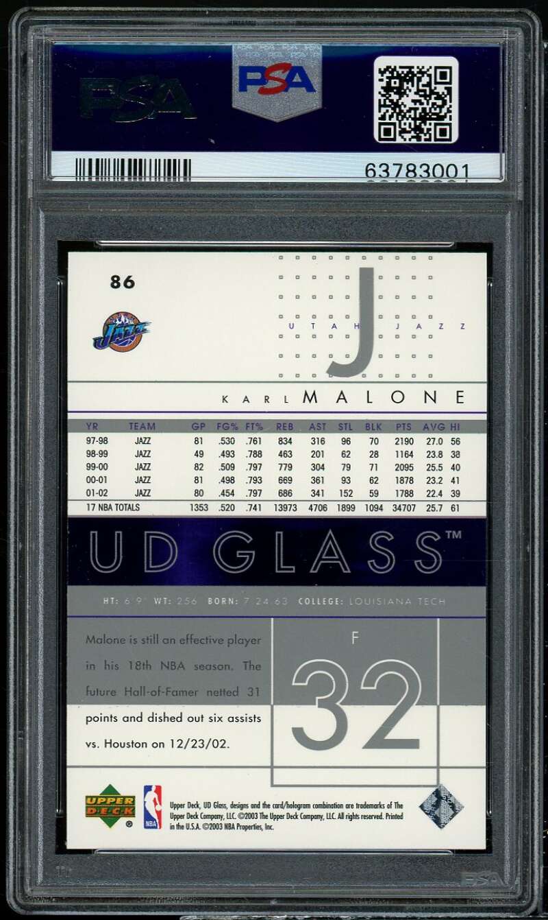 Karl Malone Card 2002-03 UD Glass #86 PSA 10 Image 2