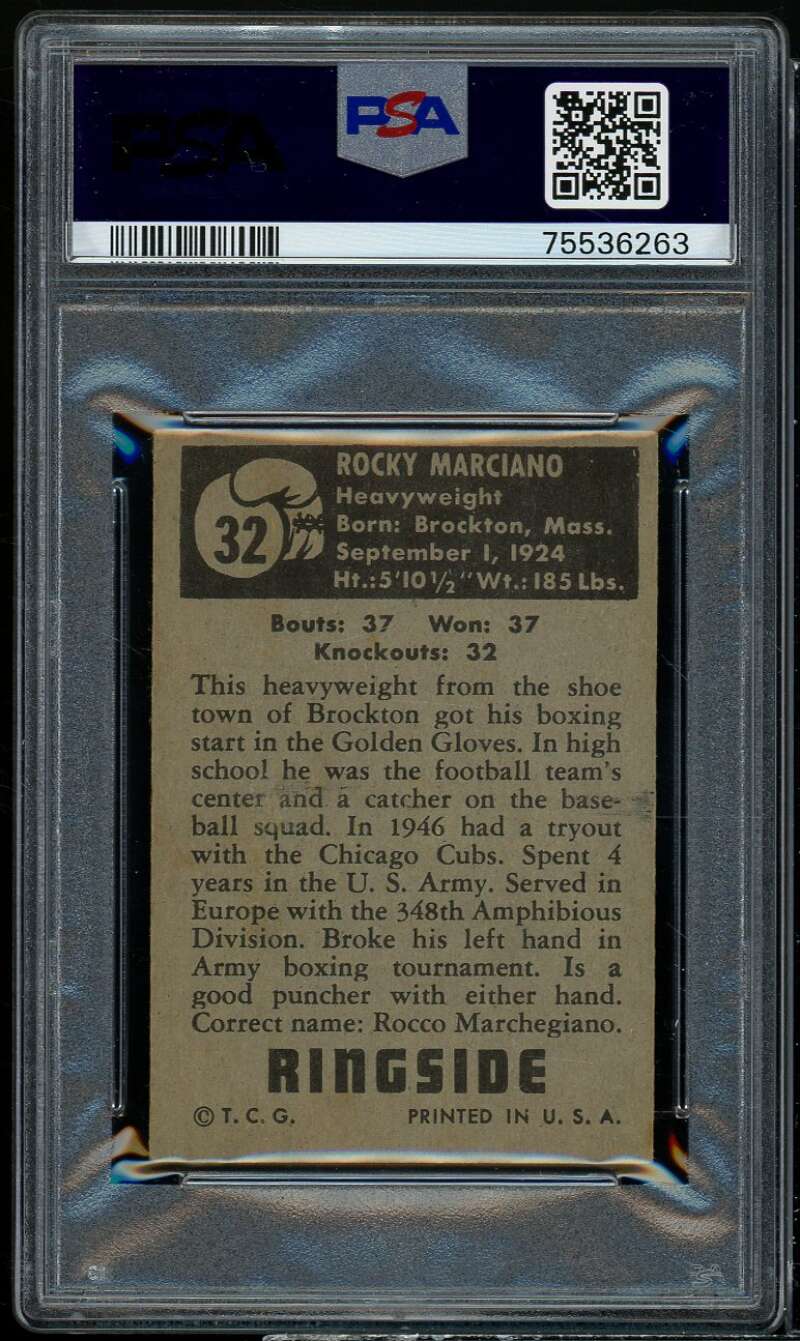 Rocky Marciano Boxing Rookie Card 1951 Topps Ringside #32 PSA 3 Image 2