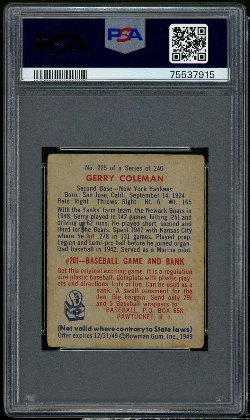 Gerry Coleman Rookie Card 1949 Bowman #225 PSA 2 Image 2