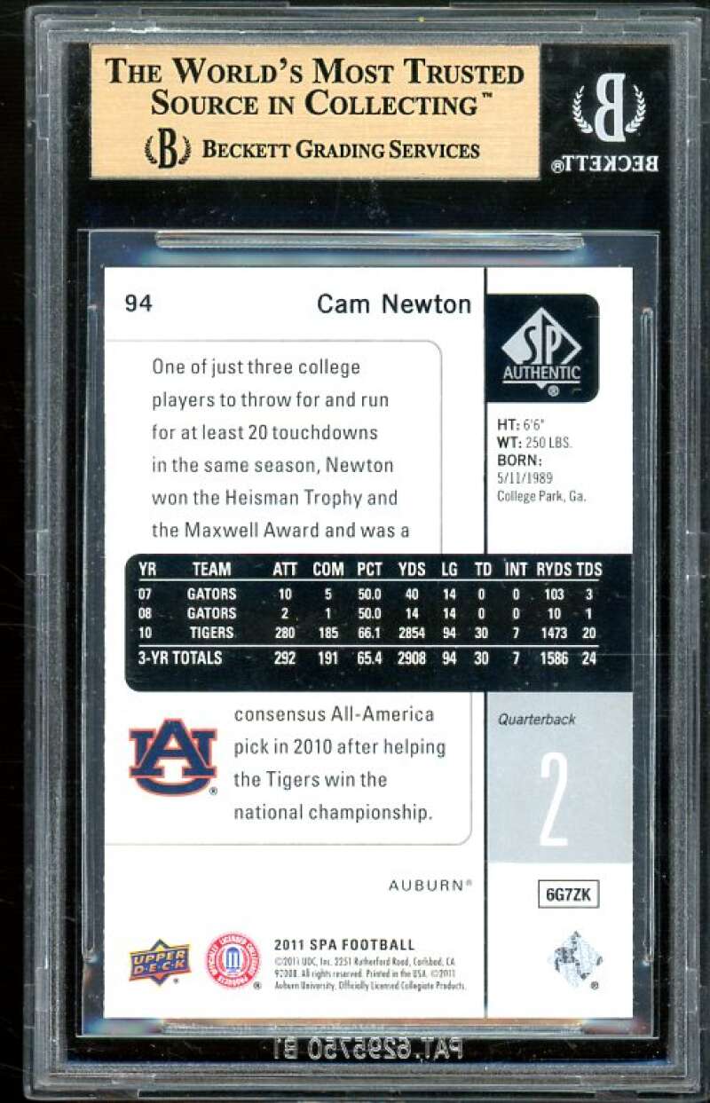 Cam Newton Rookie Card 2011 SP Authentic #94 (PRISTINE) BGS 10 Image 2