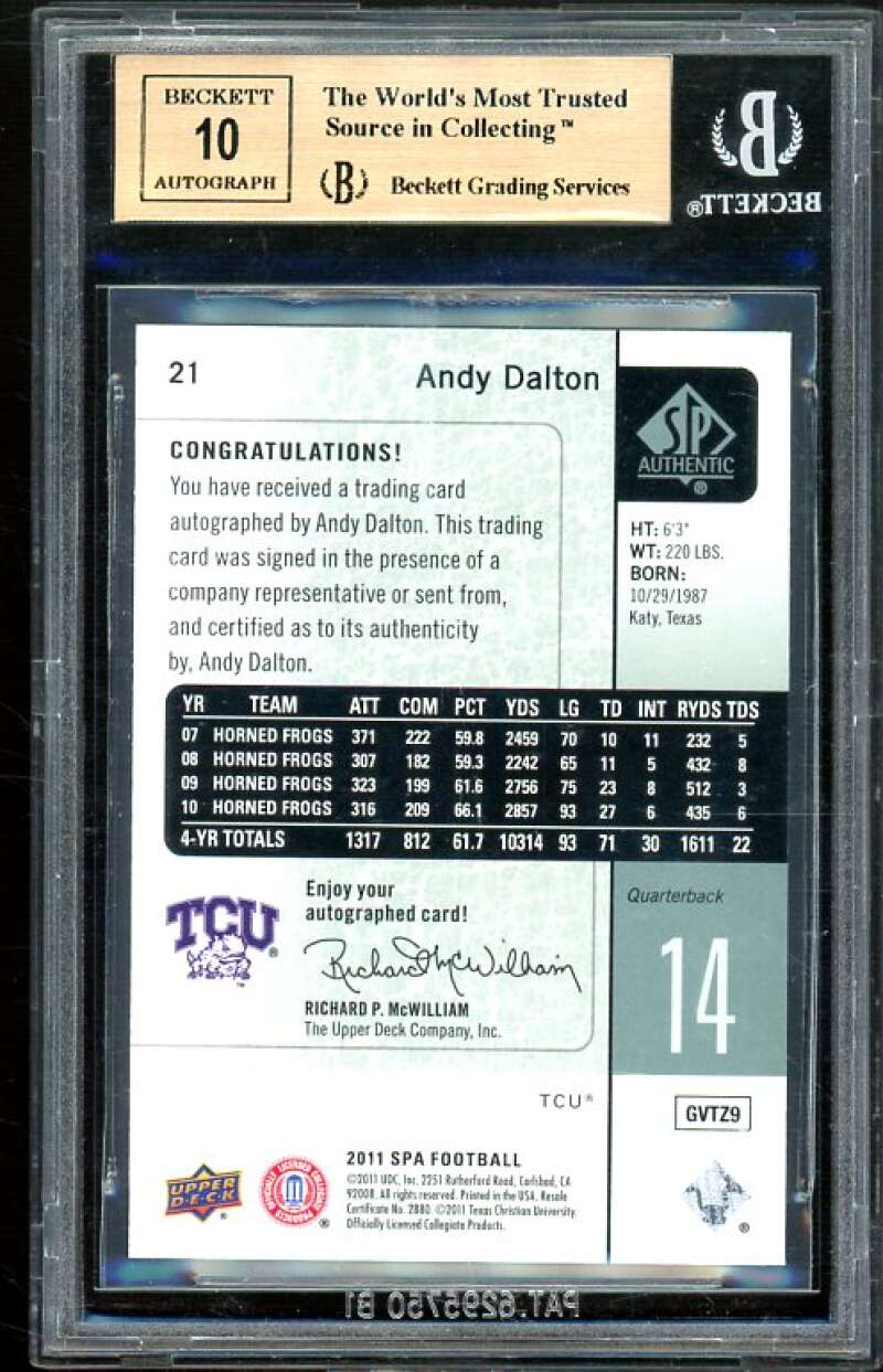 Andy Dalton Rookie Card 2011 SP Authentic Autographs #21 BGS 9.5 (10 9 9.5 9.5) Image 2