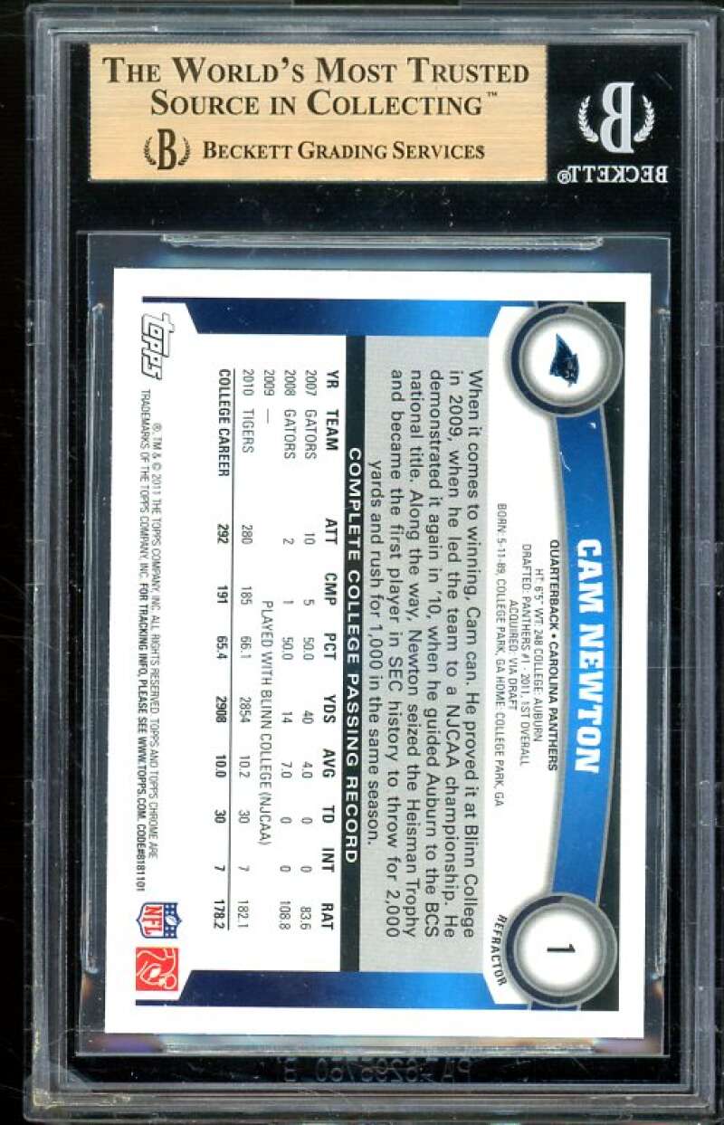 Cam Newton Rookie Card 2011 Topps Chrome Refractors #1 BGS 9.5 (9 9.5 9.5 9.5) Image 2