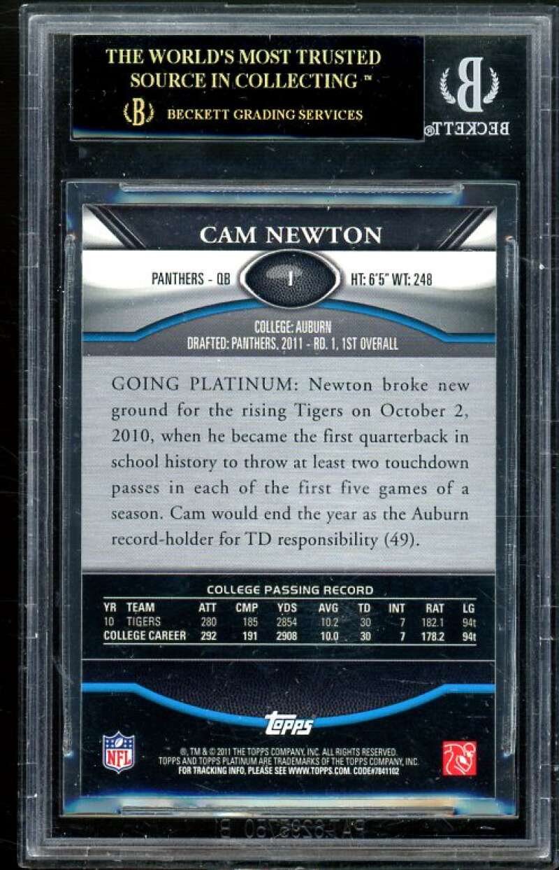 Cam Newton Rookie Card 2011 Topps Platinum Xfractors #1 (PRISTINE BLACK) BGS 10 Image 2