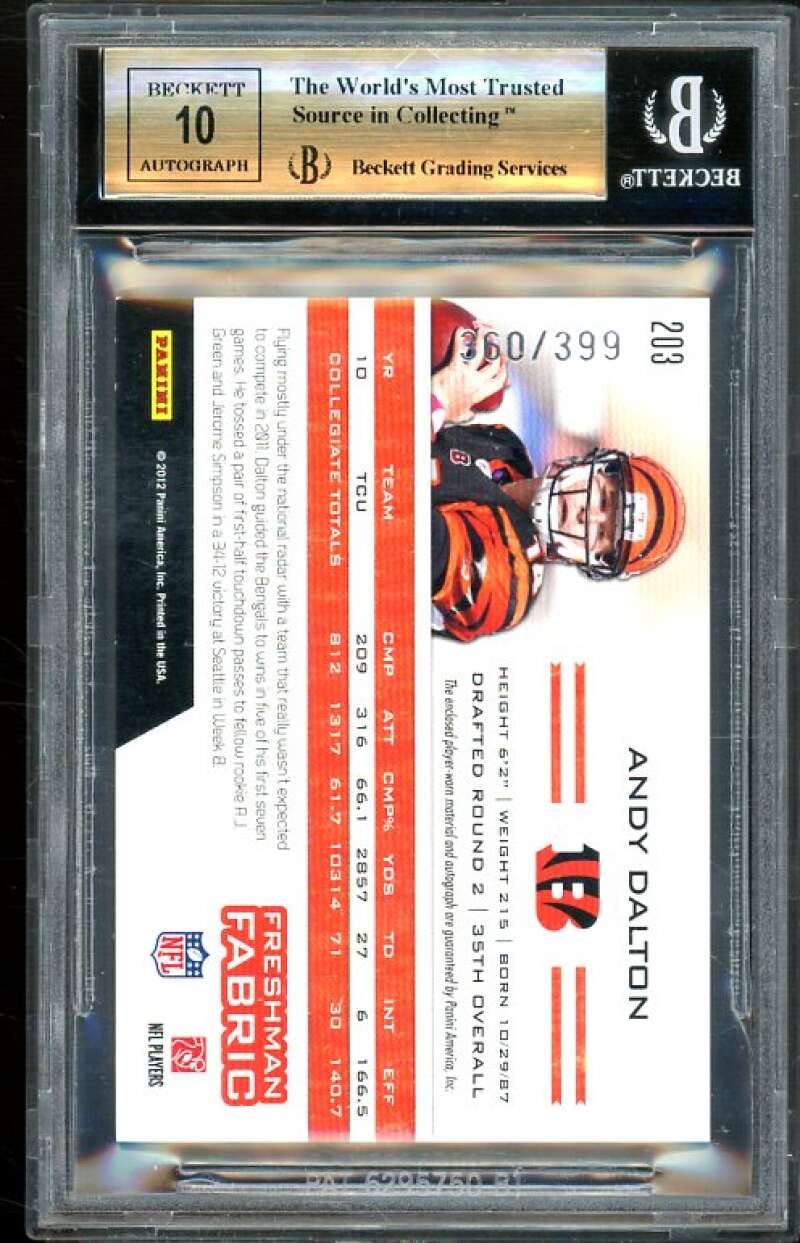 Andy Dalton Rookie Card 2011 Topps Certified Autograph Jersey #203 BGS 9.5 Image 2