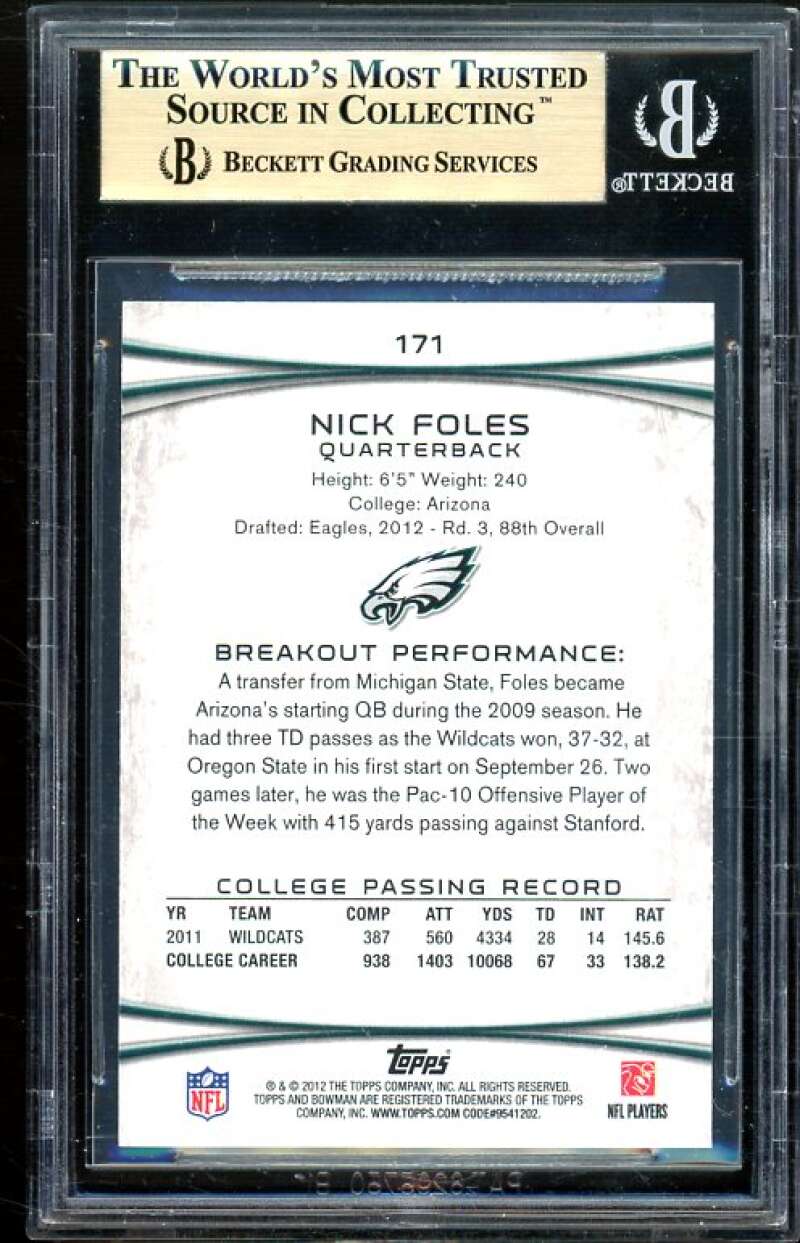 Nick Foles Rookie Card 2012 Bowman Rookie #171 BGS 9.5 (9.5 9 9.5 9.5) Image 2