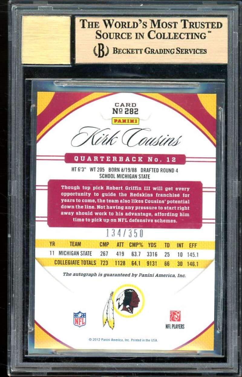 Kirk Cousins Rookie Card 2012 Certified Mirror Red Signatures #282 BGS 9.5 Image 2