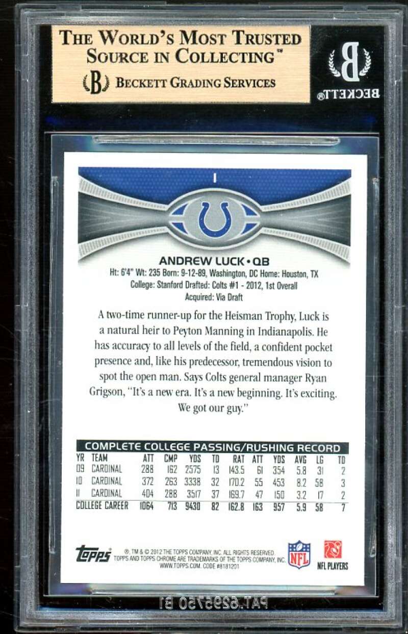 Andrew Luck Rookie Card 2012 Topps Chrome #140 BGS 9.5 (9.5 9.5 9 9.5) Image 2