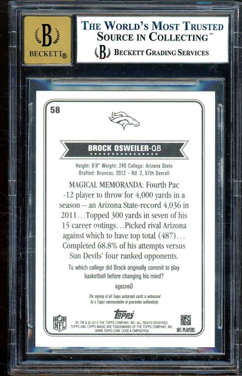 Brock Osweiler Rookie Card 2012 Topps Magic Autograph #58 BGS 9 (8.5 9.5 9.5 10) Image 2