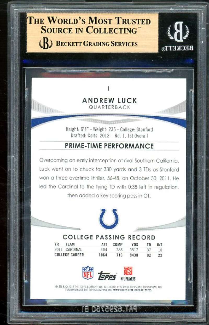 Andrew Luck Rookie Card 2012 Topps Prime Retail #1 BGS 9.5 (10 9.5 9.5 9.5) Image 2