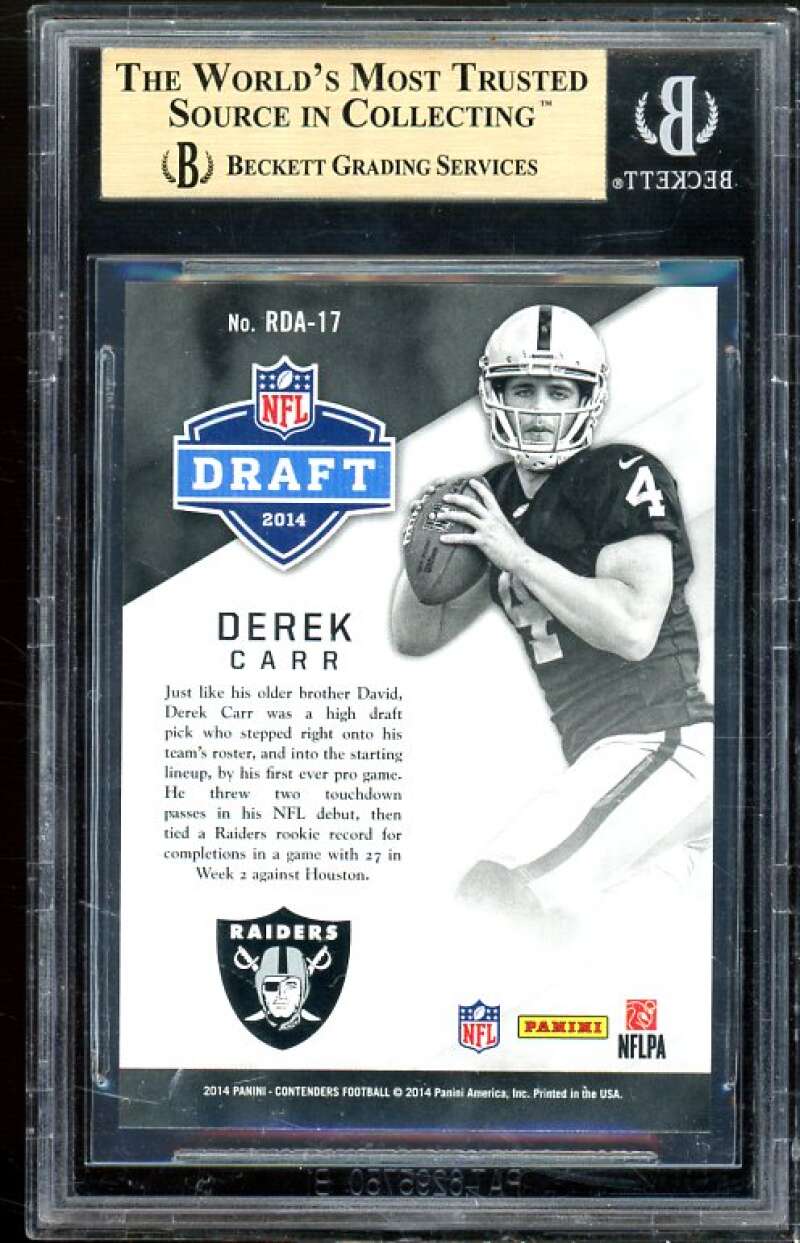 Derek Carr Rookie Card 2014 Panini Contenders Draft Class #RDA17 BGS 9.5 Image 2