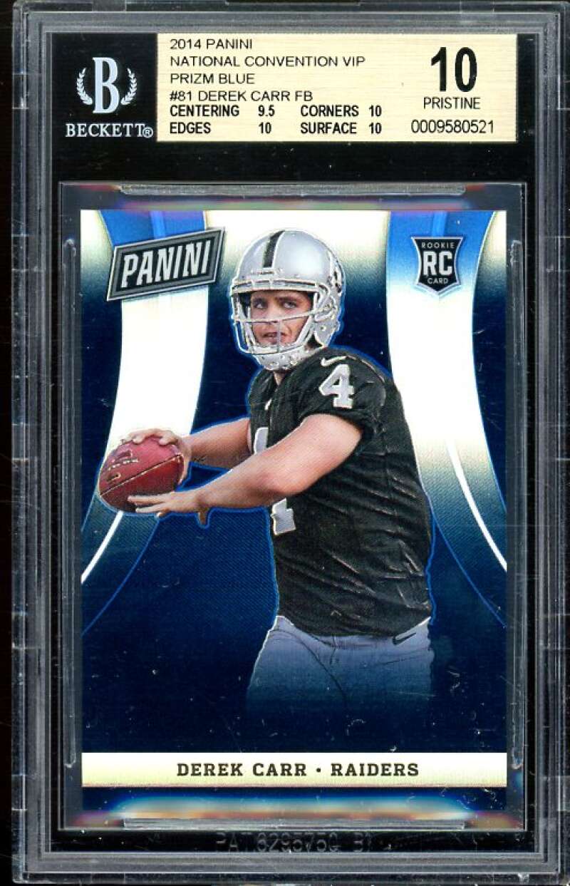 Derek Carr Rookie Card 2014 Panini NC VIP Prizm Blue #81 (PRISTINE) BGS 10 Image 1