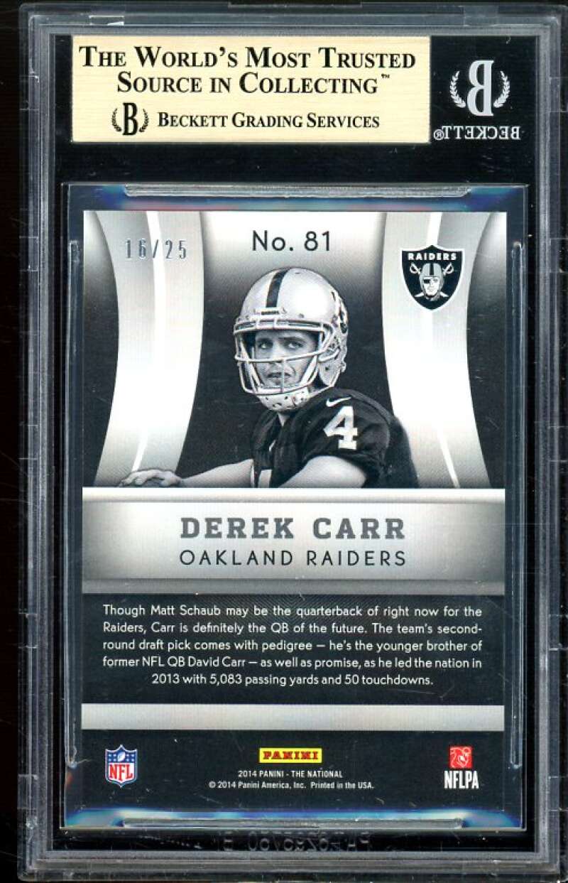 Derek Carr Rookie Card 2014 Panini NC VIP Prizm Blue #81 (PRISTINE) BGS 10 Image 2