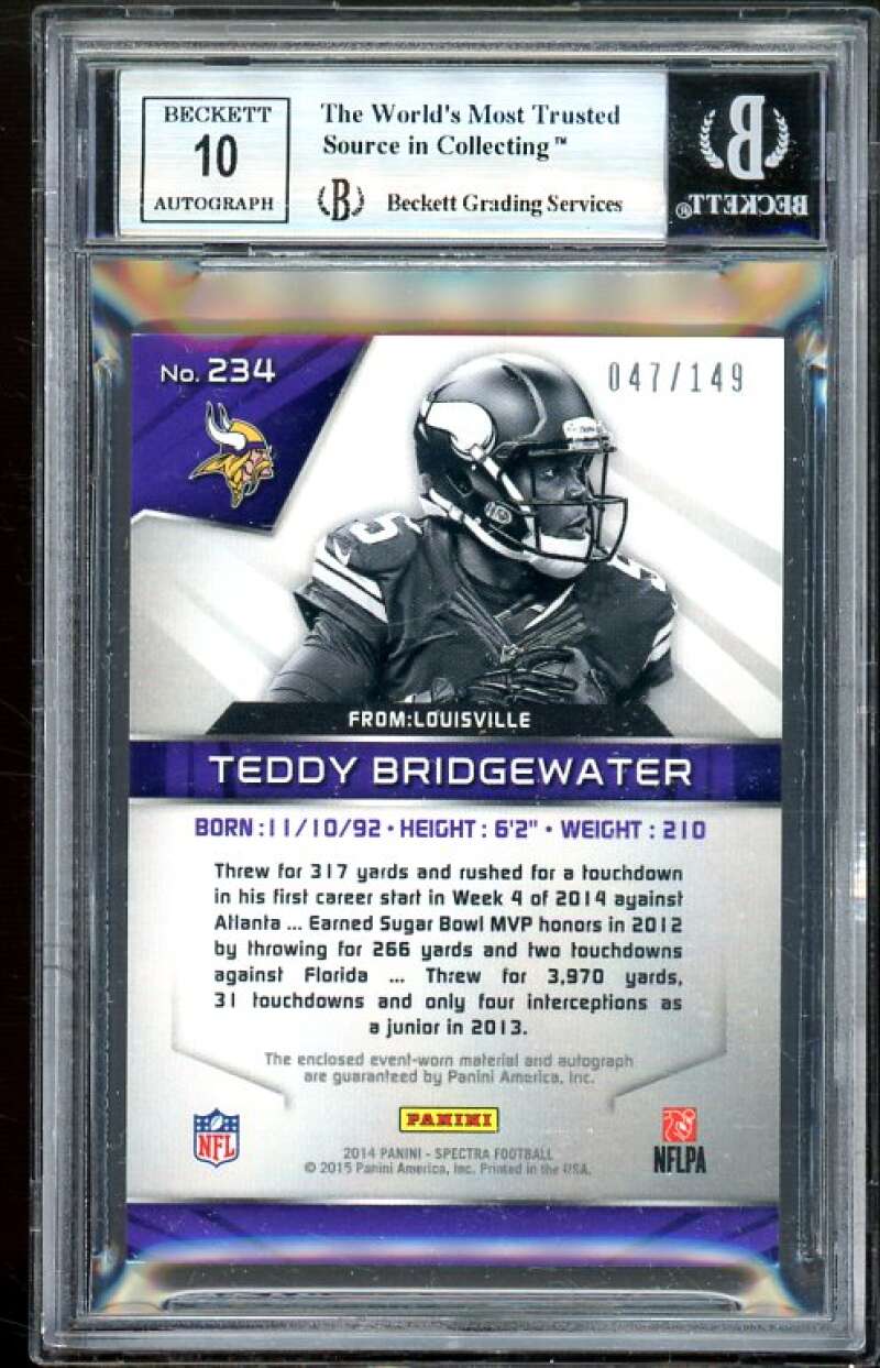 Teddy Bridgewater Rookie 2014 Panini Spectra Auto Jersey #234 BGS 9 Image 2