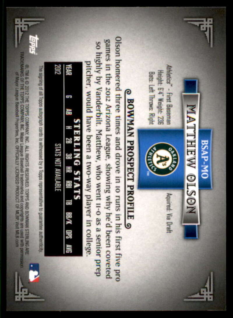 Matthew Olson Rookie Card 2012 Bowman Sterling Prospect Autographs #MO  Image 2