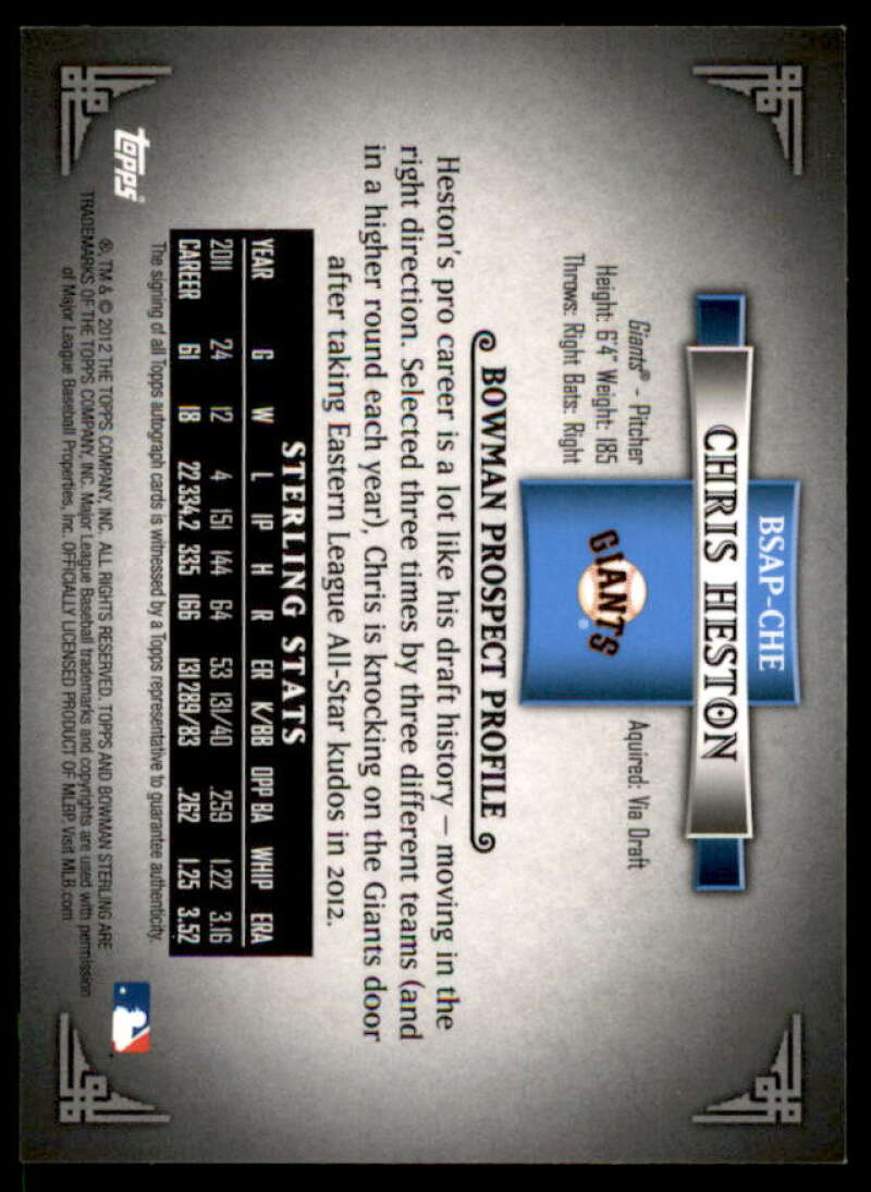 Chris Heston Card 2012 Bowman Sterling Prospect Autographs #CHE  Image 2
