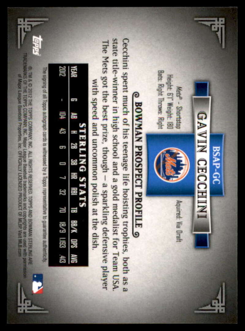Gavin Cecchini Card 2012 Bowman Sterling Prospect Autographs #GC  Image 2