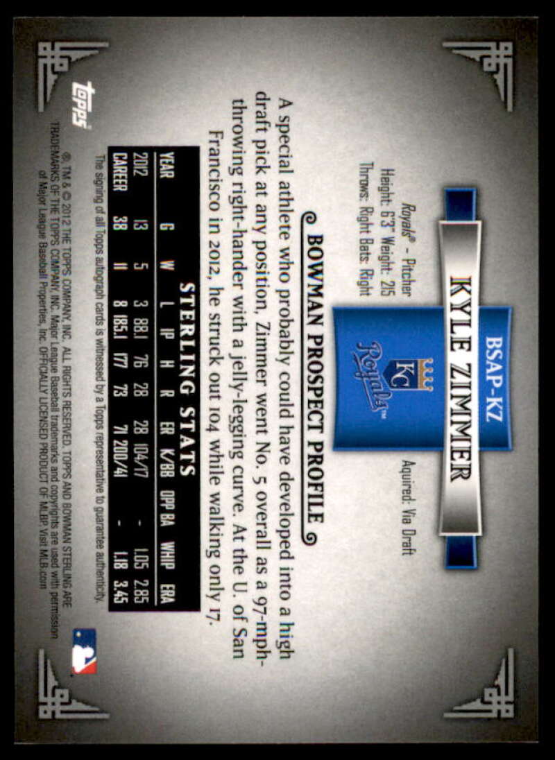 Kyle Zimmer Card 2012 Bowman Sterling Prospect Autographs #KZ  Image 2