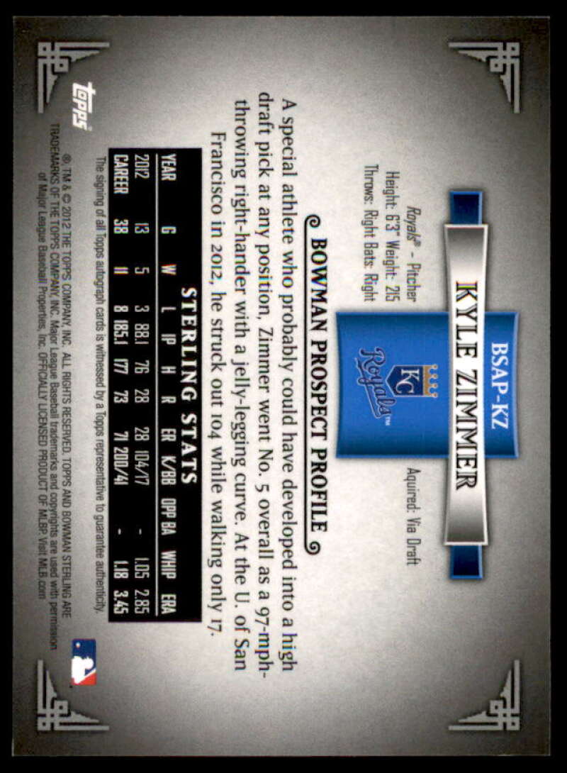 Kyle Zimmer Card 2012 Bowman Sterling Prospect Autographs #KZ  Image 2