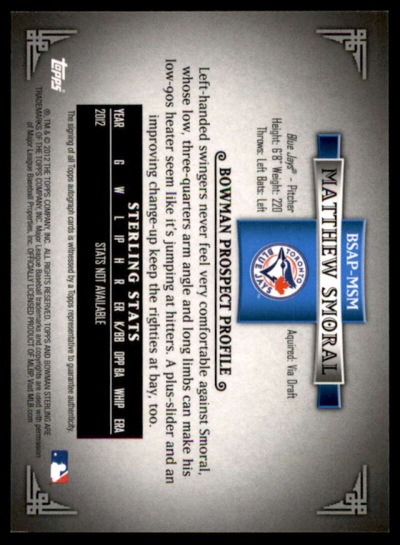 Matthew Smoral Card 2012 Bowman Sterling Prospect Autographs #MSM  Image 2