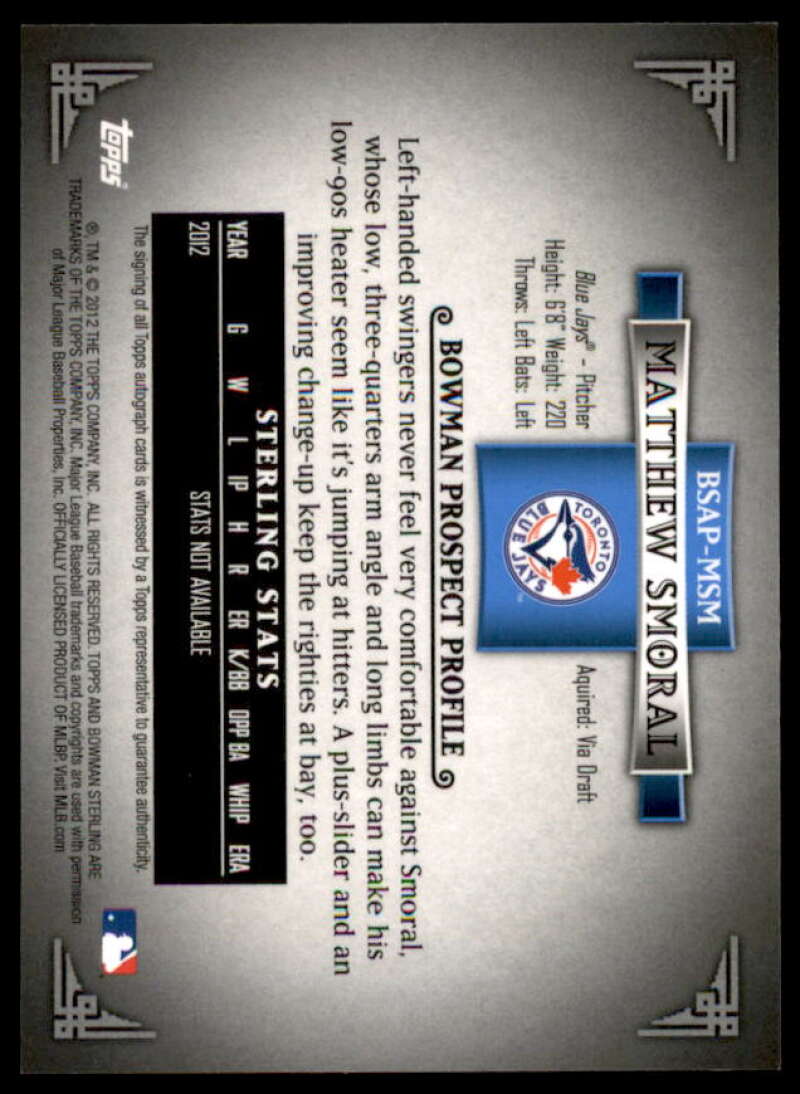 Matthew Smoral Card 2012 Bowman Sterling Prospect Autographs #MSM  Image 2