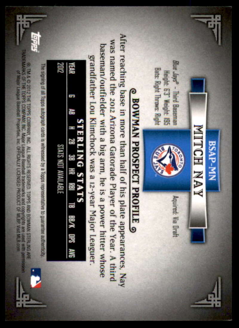Mitch Nay Card 2012 Bowman Sterling Prospect Autographs #MN  Image 2