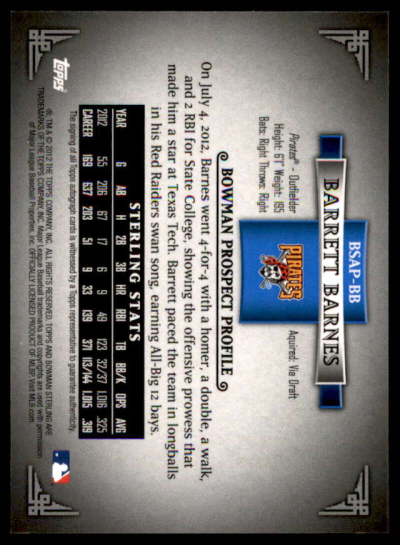 Barrett Barnes Card 2012 Bowman Sterling Prospect Autographs #BB  Image 2