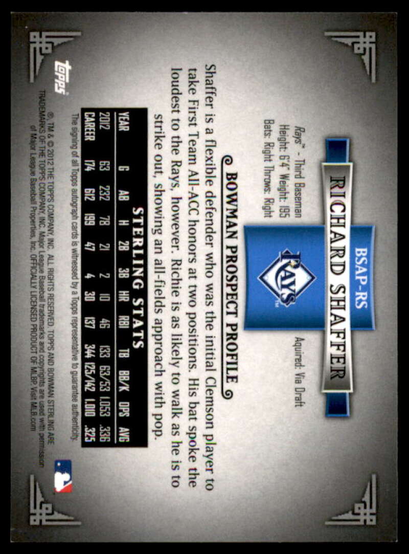 Richard Shaffer Card 2012 Bowman Sterling Prospect Autographs #RS  Image 2