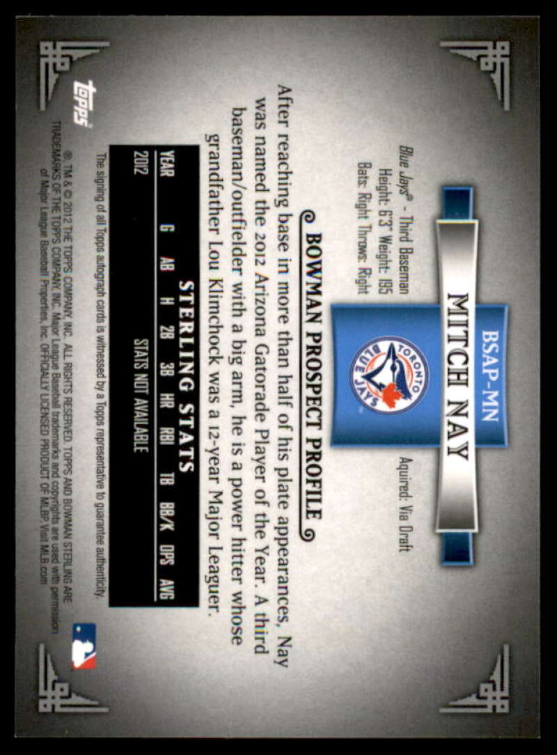 Mitch Nay Card 2012 Bowman Sterling Prospect Autographs #MN  Image 2