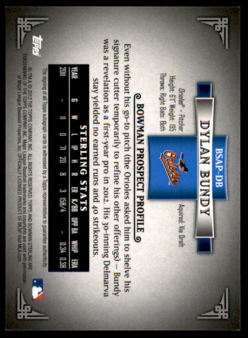Dylan Bundy Card 2012 Bowman Sterling Prospect Autographs #DB  Image 2