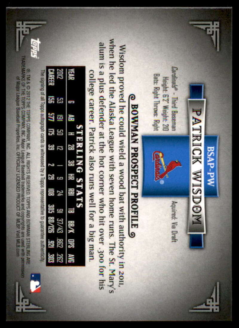 Patrick Wisdom Card 2012 Bowman Sterling Prospect Autographs #PW  Image 2