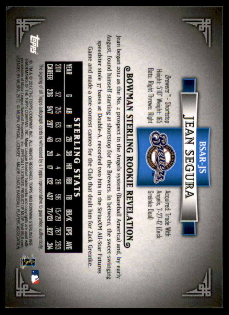 Jean Segura Card 2012 Bowman Sterling Rookie Autographs #JS  Image 2