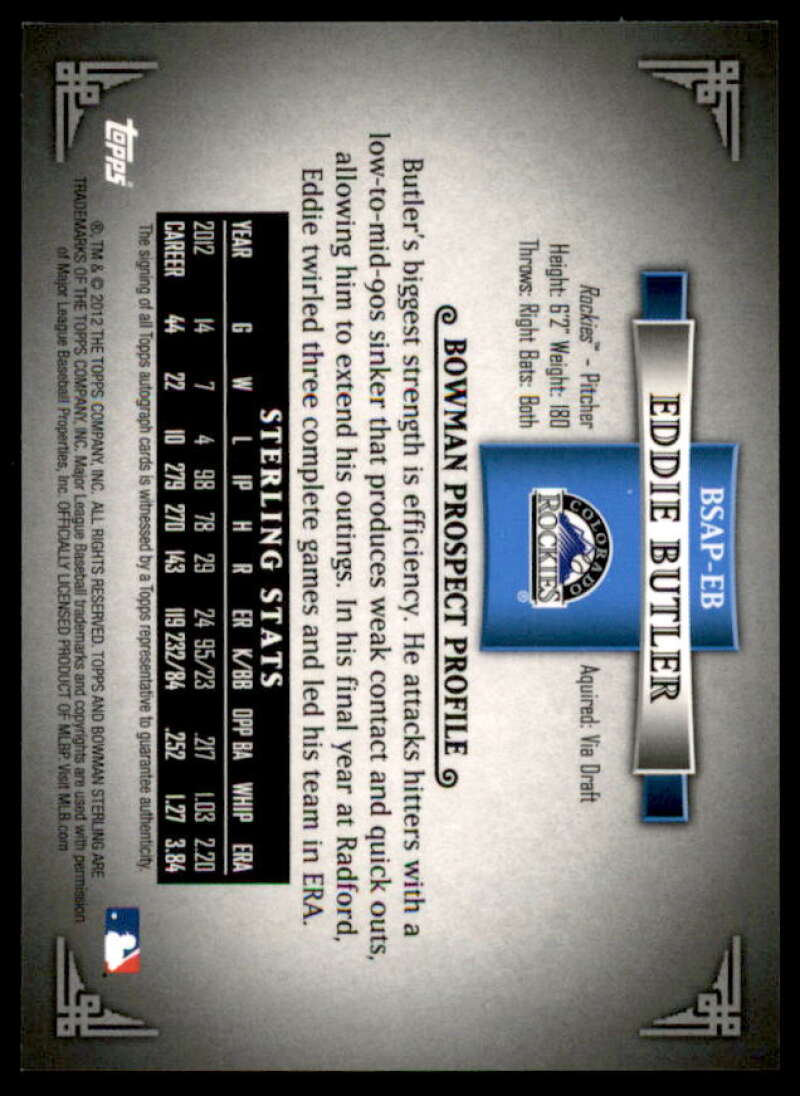 Eddie Butler Card 2012 Bowman Sterling Prospect Autographs #EB  Image 2