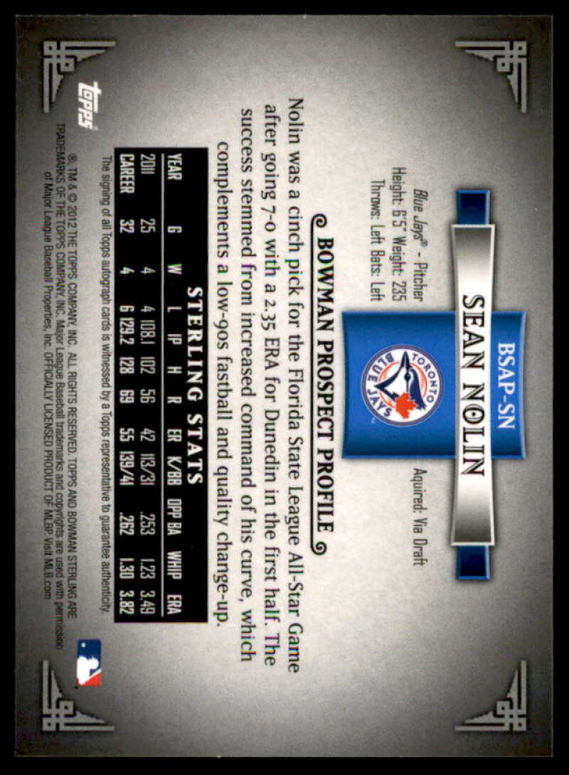 Sean Nolin Card 2012 Bowman Sterling Prospect Autographs #SN  Image 2