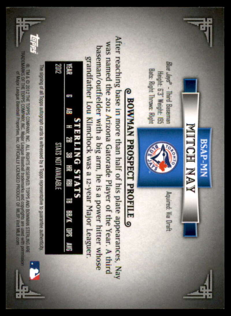 Mitch Nay Card 2012 Bowman Sterling Prospect Autographs #MN  Image 2