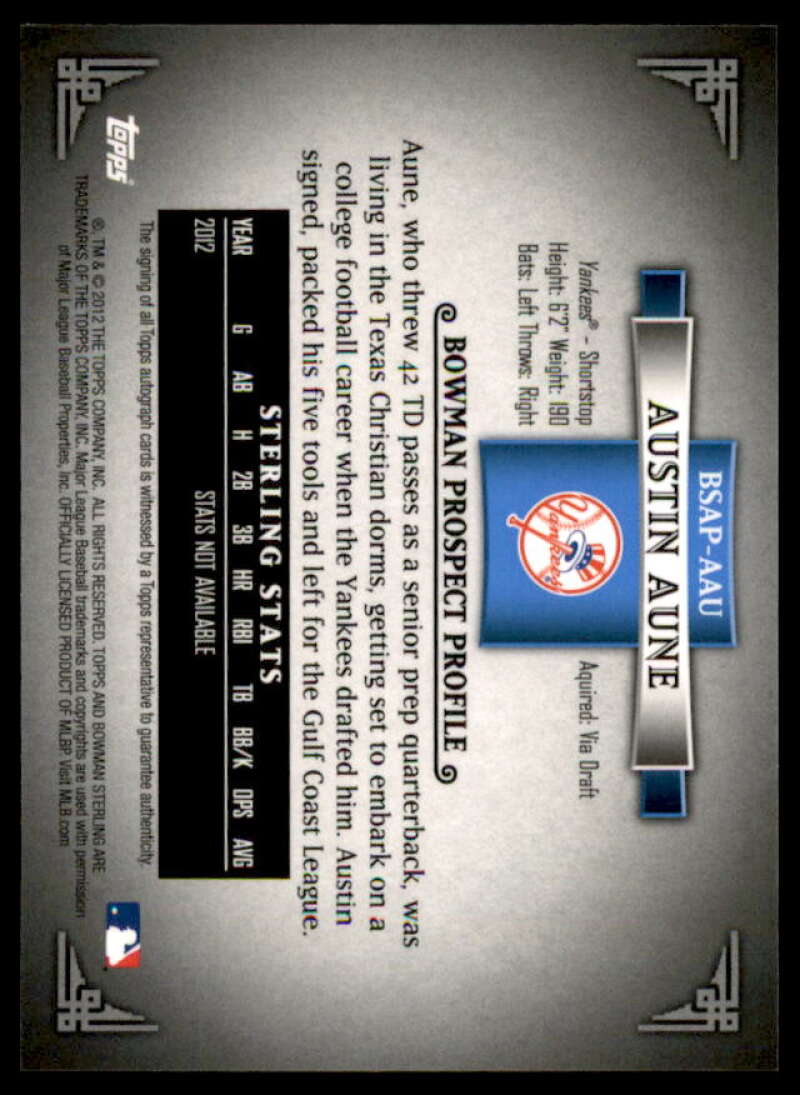 Austin Aune Card 2012 Bowman Sterling Prospect Autographs #AAU  Image 2