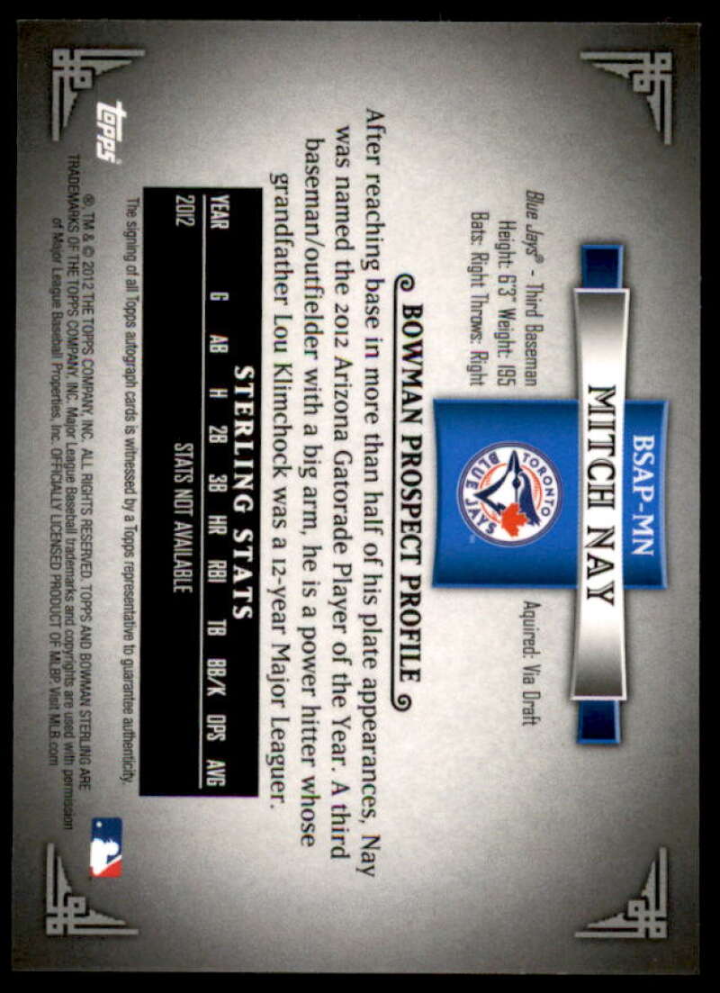 Mitch Nay Card 2012 Bowman Sterling Prospect Autographs #MN  Image 2