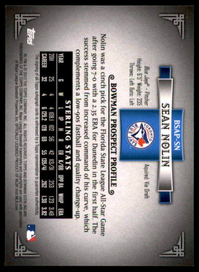 Sean Nolin Card 2012 Bowman Sterling Prospect Autographs #SN  Image 2