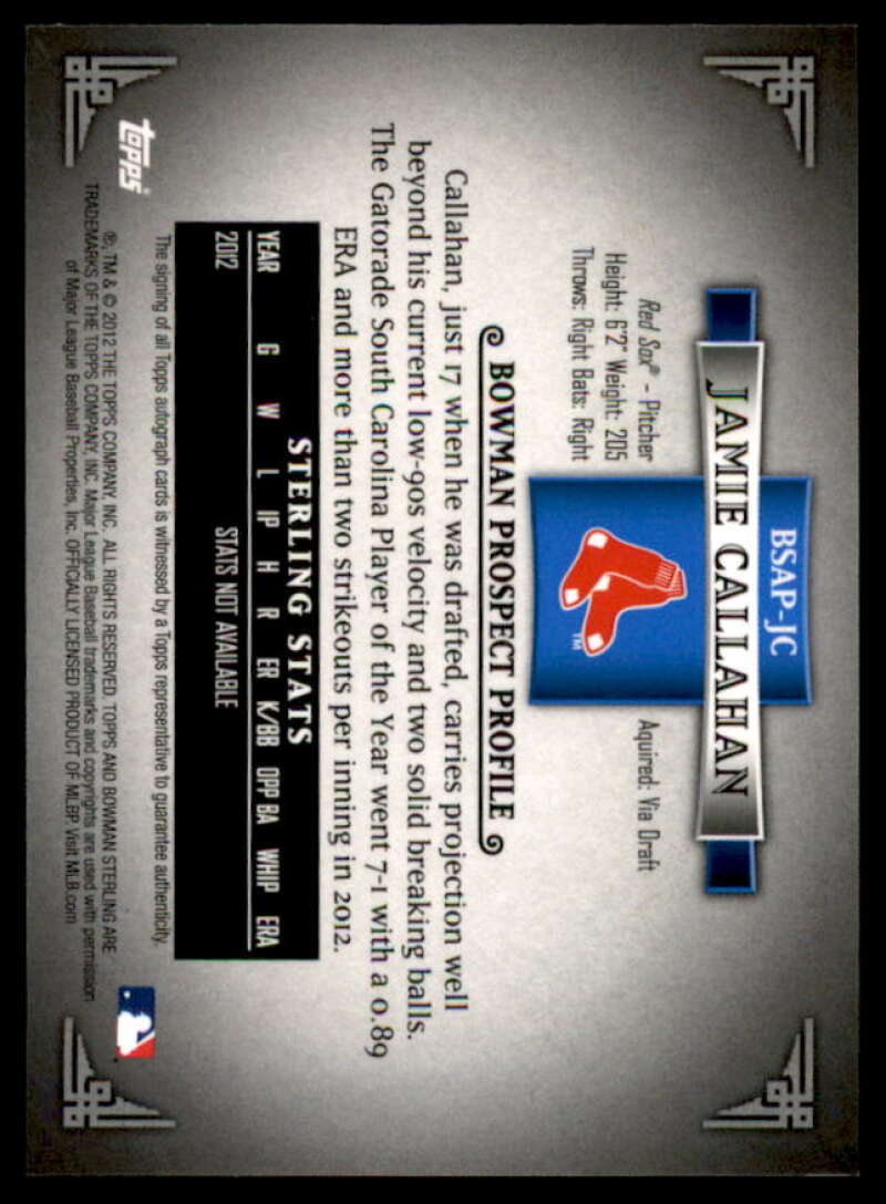 Jamie Callahan Card 2012 Bowman Sterling Prospect Autographs #JC  Image 2