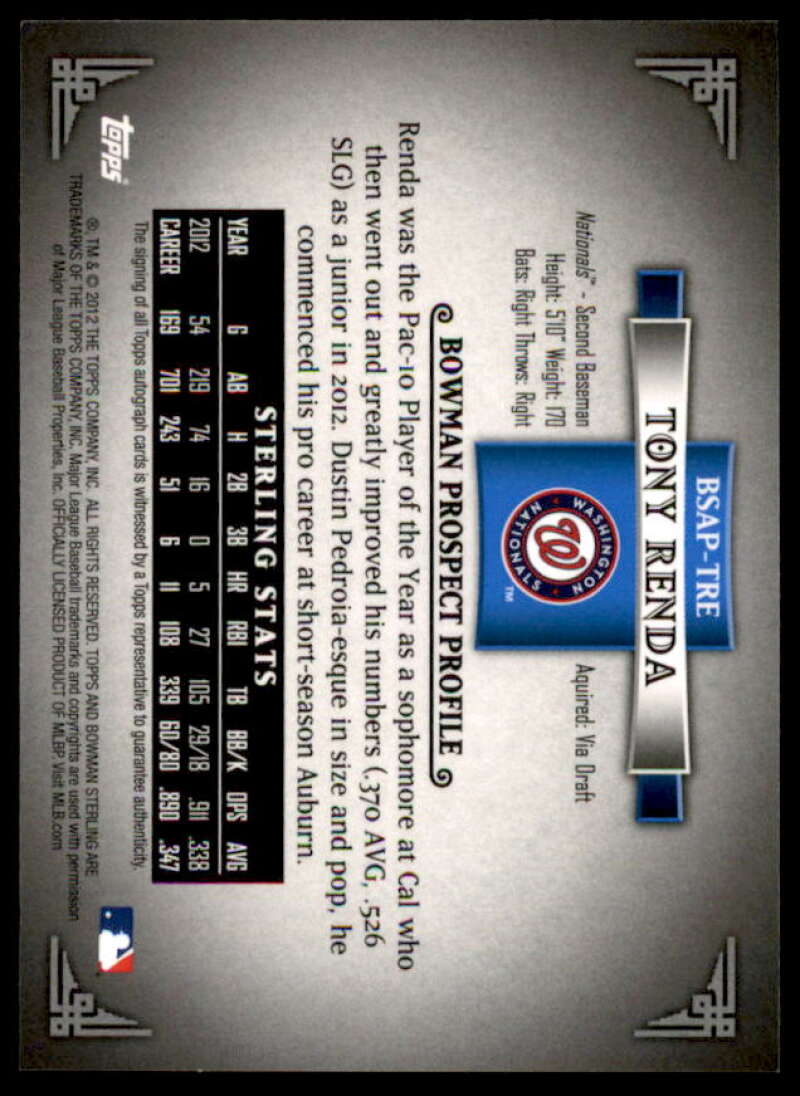 Tony Renda Card 2012 Bowman Sterling Prospect Autographs #TRE  Image 2