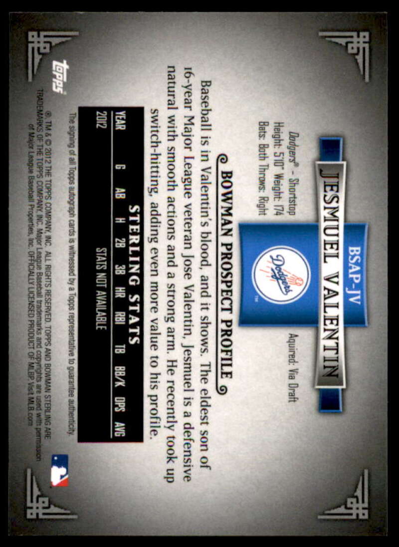 Jesmuel Valentin Card 2012 Bowman Sterling Prospect Autographs #JV  Image 2